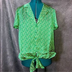 Eclair Women's Satin Cap Sleeve with Tie Front Shirt  Green/Tan Sz. M NWT